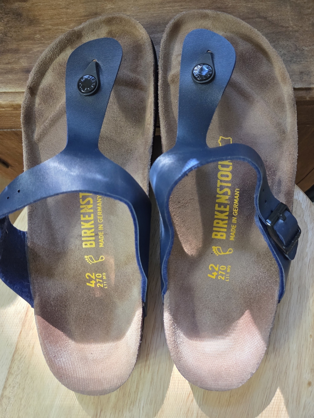 Birkenstock Blue Strap Thong Sandals with Brown Footbed
